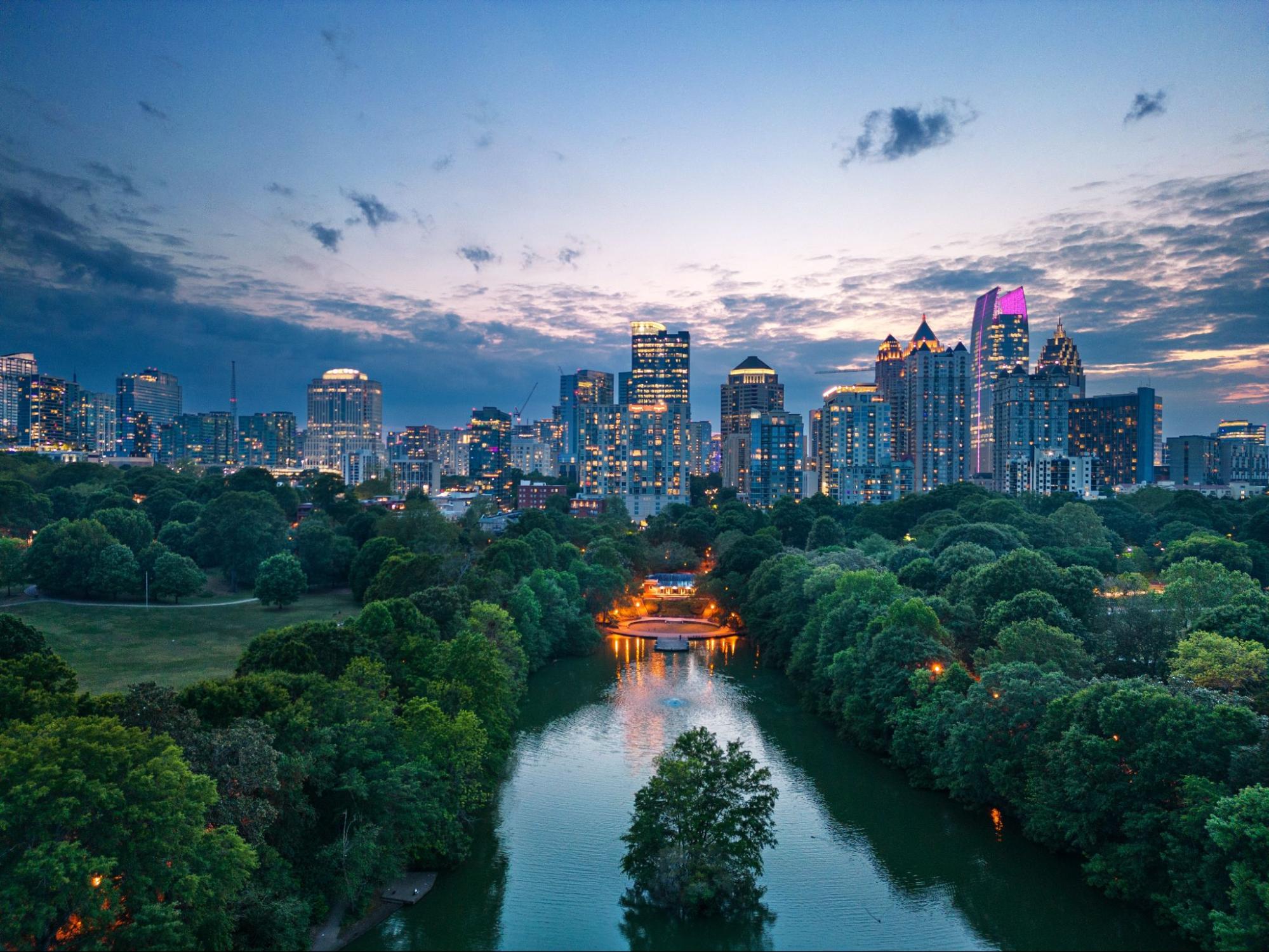 Aerial view of the Atlanta skyline at sunset ©Sean Pavone